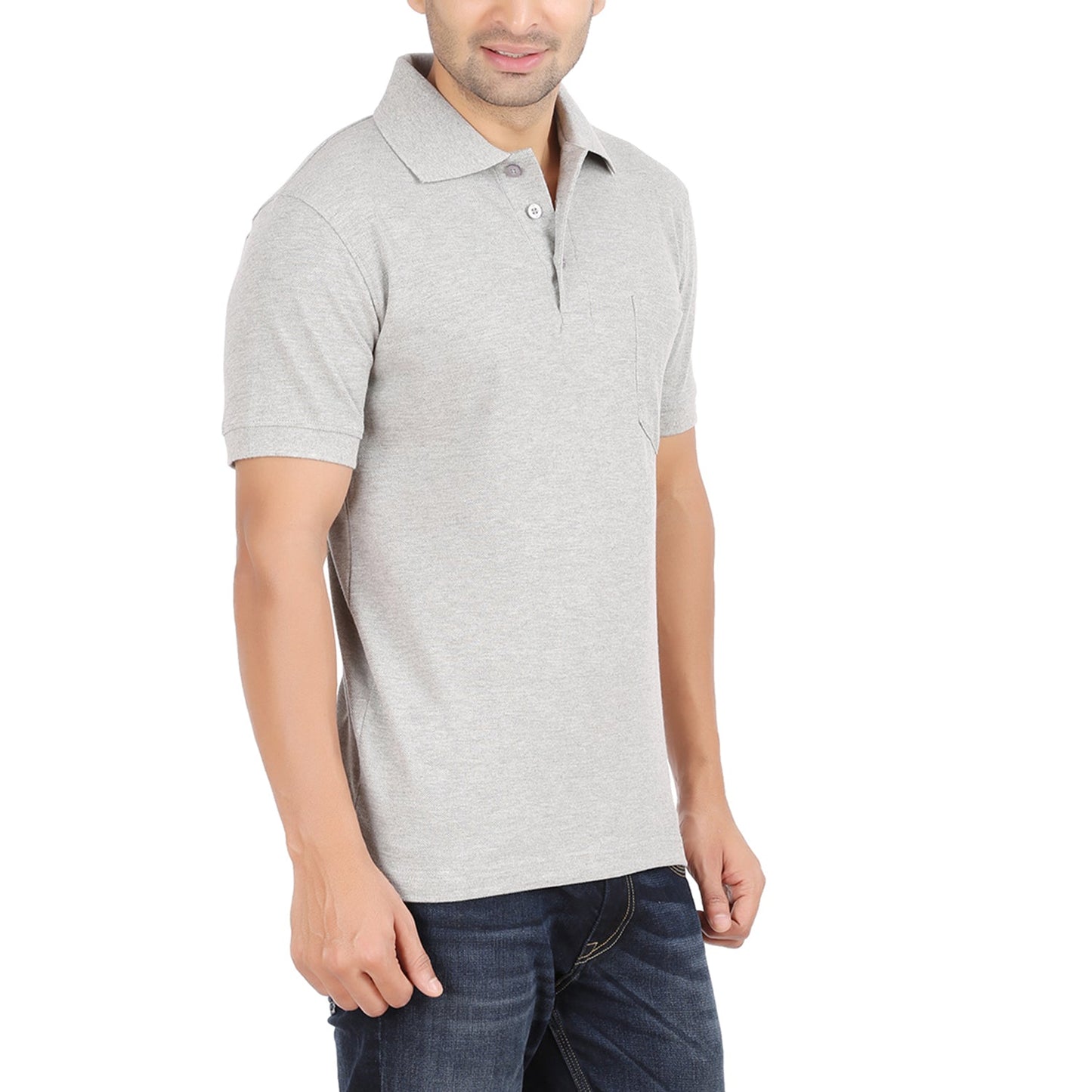 Grey Melange Polo Tshirt With Pocket-Style #0705