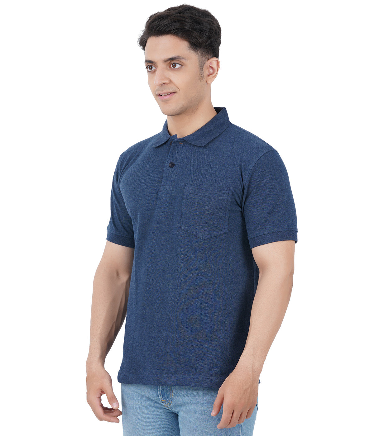 Navy Melange Polo Tshirt With Pocket-Style #0705