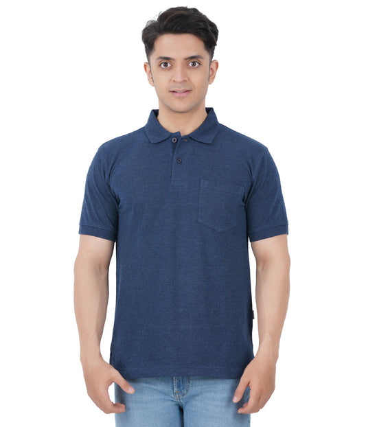 Navy Melange Polo Tshirt With Pocket-Style #0705