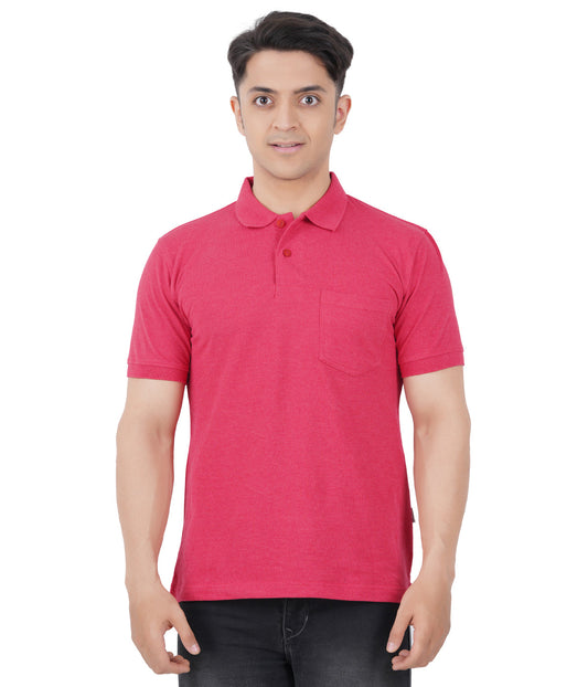 Pink Melange Polo Tshirt With Pocket-Style #0705
